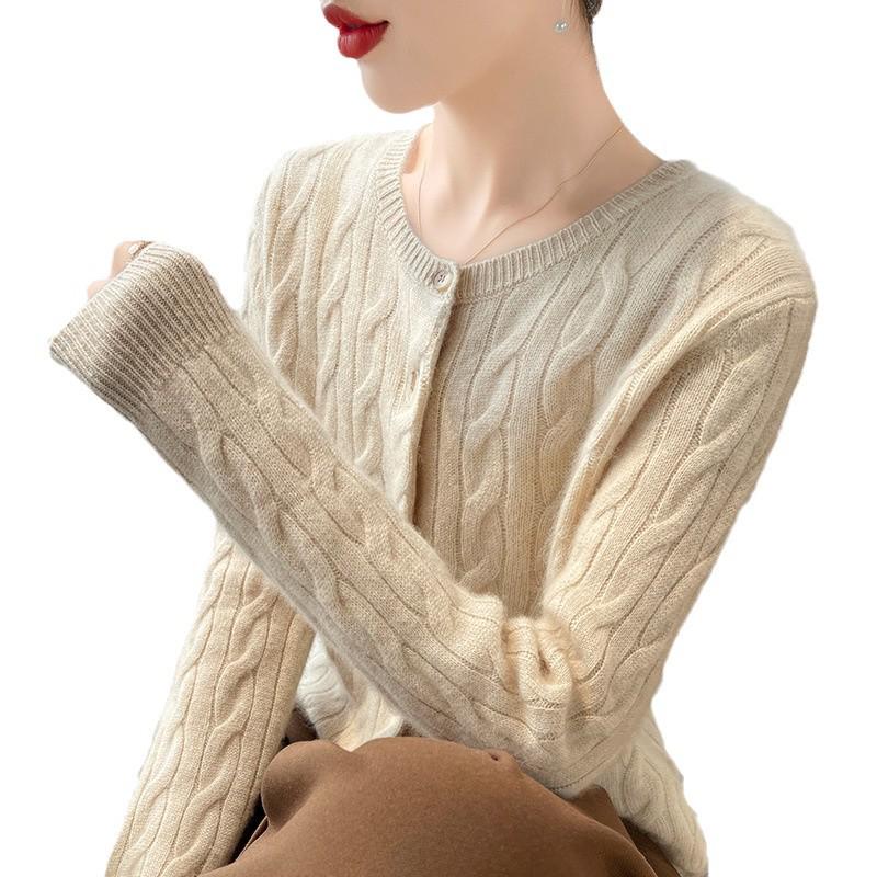Women's Cashmere Round Neck Cable Knit Cardigan - High-End, Fashionable, Versatile Sweater for Autumn/Winter