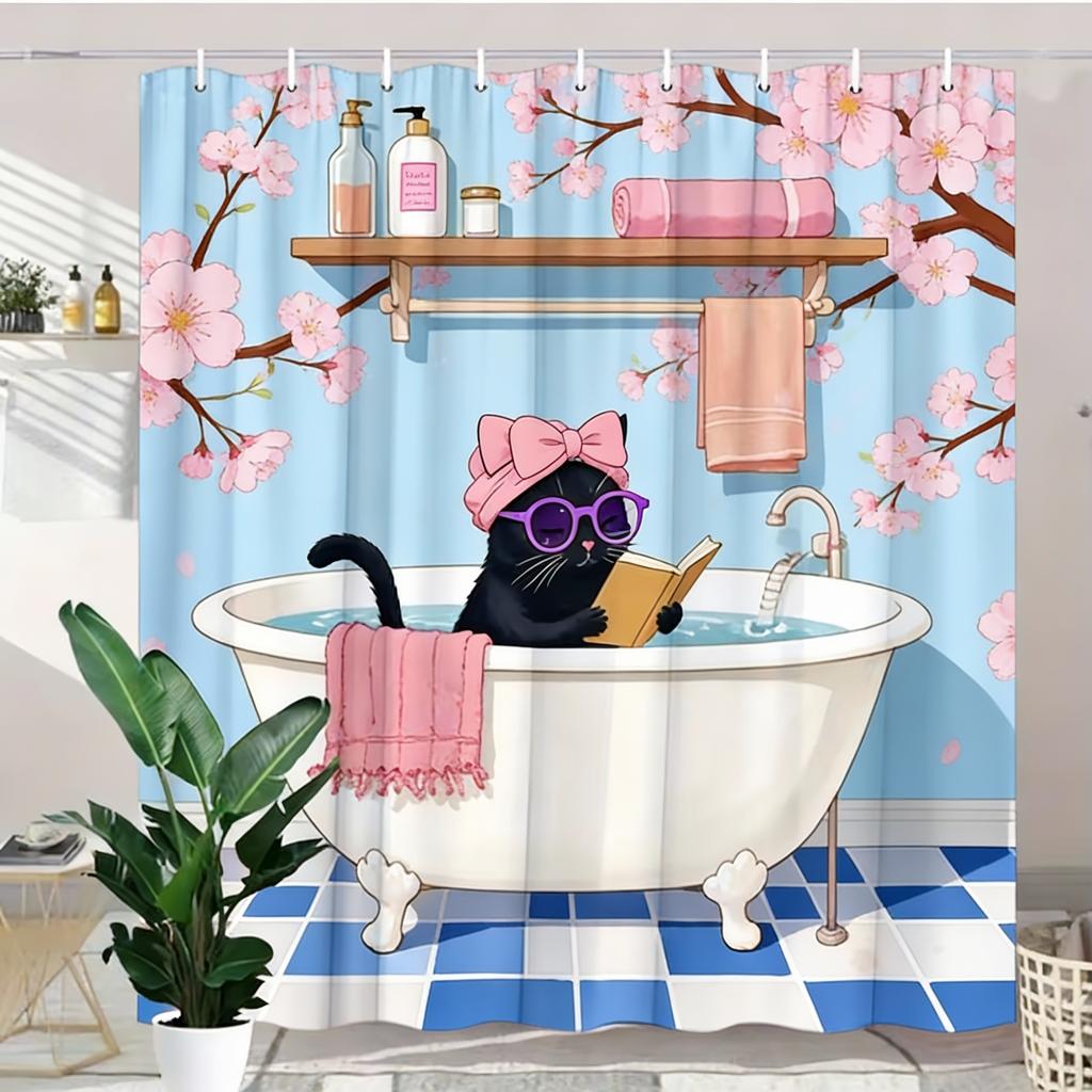 Adorable Cat Bathtub Shower Curtain Water Resistant Fabric Bathroom Ideal Whimsical Pet Lovers