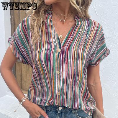 Plus Size Casual Blouse Women's Plus Stripe Print Button Decor Short Sleeve Notched Neck Blouse