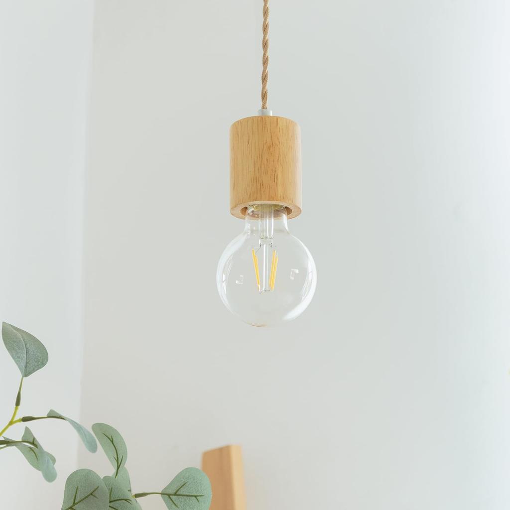 Chiko Electric Natural Wood Pendant Light, E26 Bare Bulb, Natural Color, with Leather Cord Holder, No Installation Required (For Ceiling Mounts,