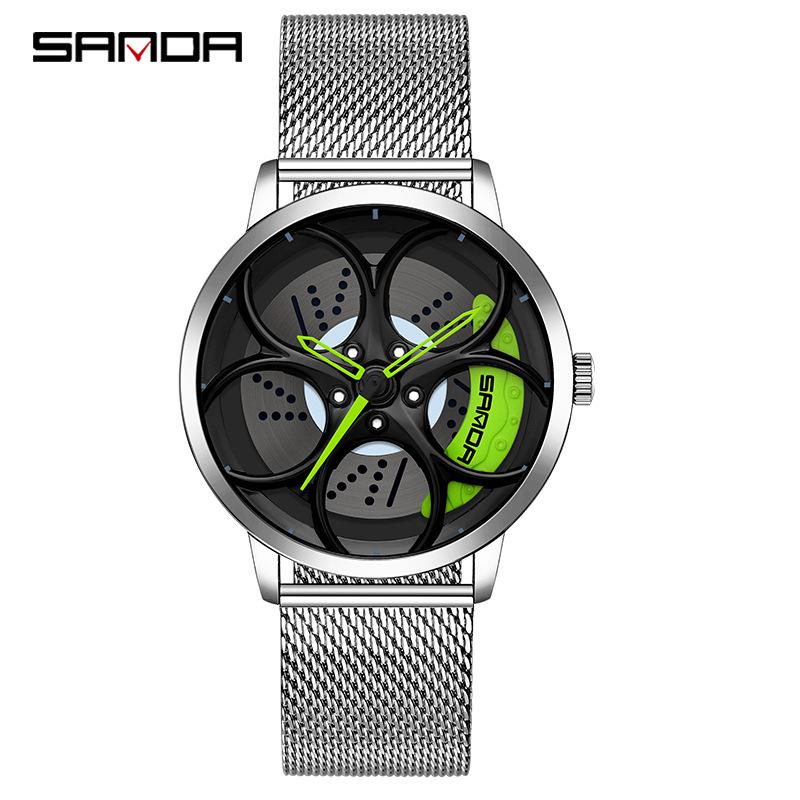 Sanda Men s Fashion Quartz Watch, Mesh Strap, Waterproof, Outdoor Casual, Hollow Wheel Dial.