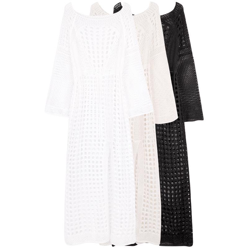 European & American Seaside Vacation Knitted Bikini Cover-Up with Trumpet Sleeves and Hollow Slit Long Skirt