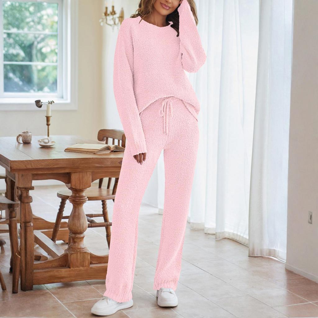 Women's Solid Color Round Neck Long Sleeve Trousers Thick Warm Suit