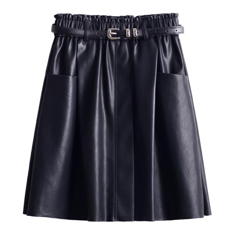 High-Waisted A-Line Leather Skirt for Women, Autumn/Winter, Pleated Lambskin Midi Skirt, Age-Defying & Classic Design
