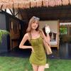 Vintage olive green jacquard lace-up suspender dress for women, summer pure desire, spice girl, waist and thin, hip-wrapped a-word short skirt