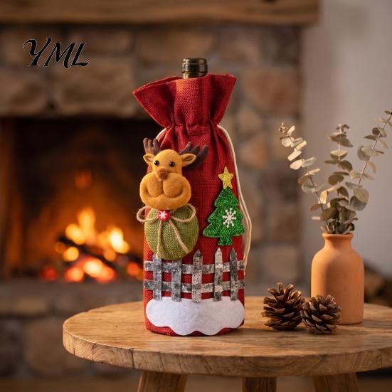 Decorative Wine Bottle Holders Christmas Cover, Santa Claus/Snowman/Elk/Bear Gift Bag with Sticker Decals, Holiday Winter Home Accents Party