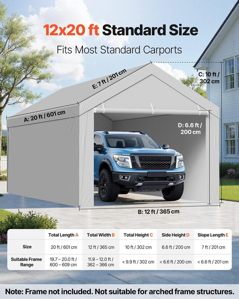 Carport Replacement Canopy, 3.6x 6 m Potable Garage Tent Top Tarp with Sidewalls, UV-Resistant & Waterproof, Heavy Duty Car Shelter Tarp with Ball