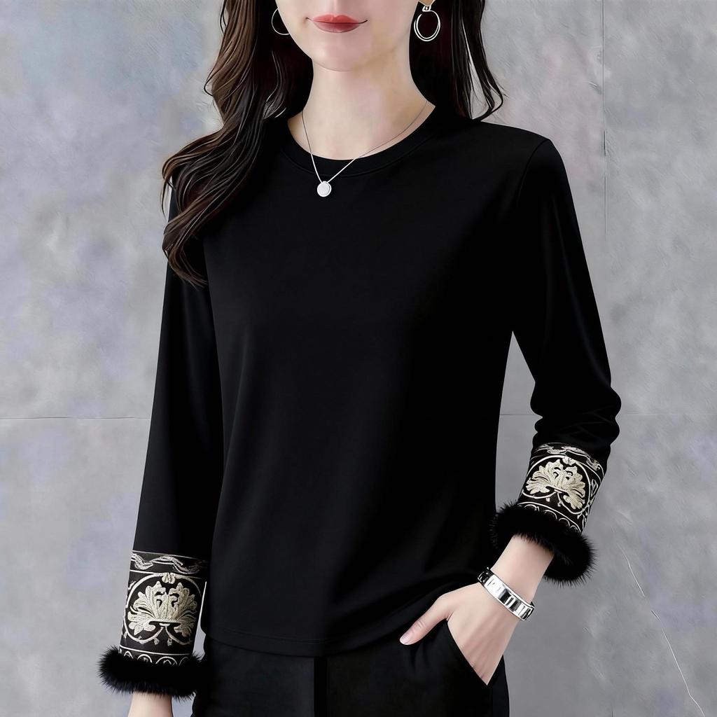 Women's Heavy Embroidery Thermal Long-Sleeve Top, Plus Size Warm Base Layer Shirt, New Autumn/Winter Chinese-Style