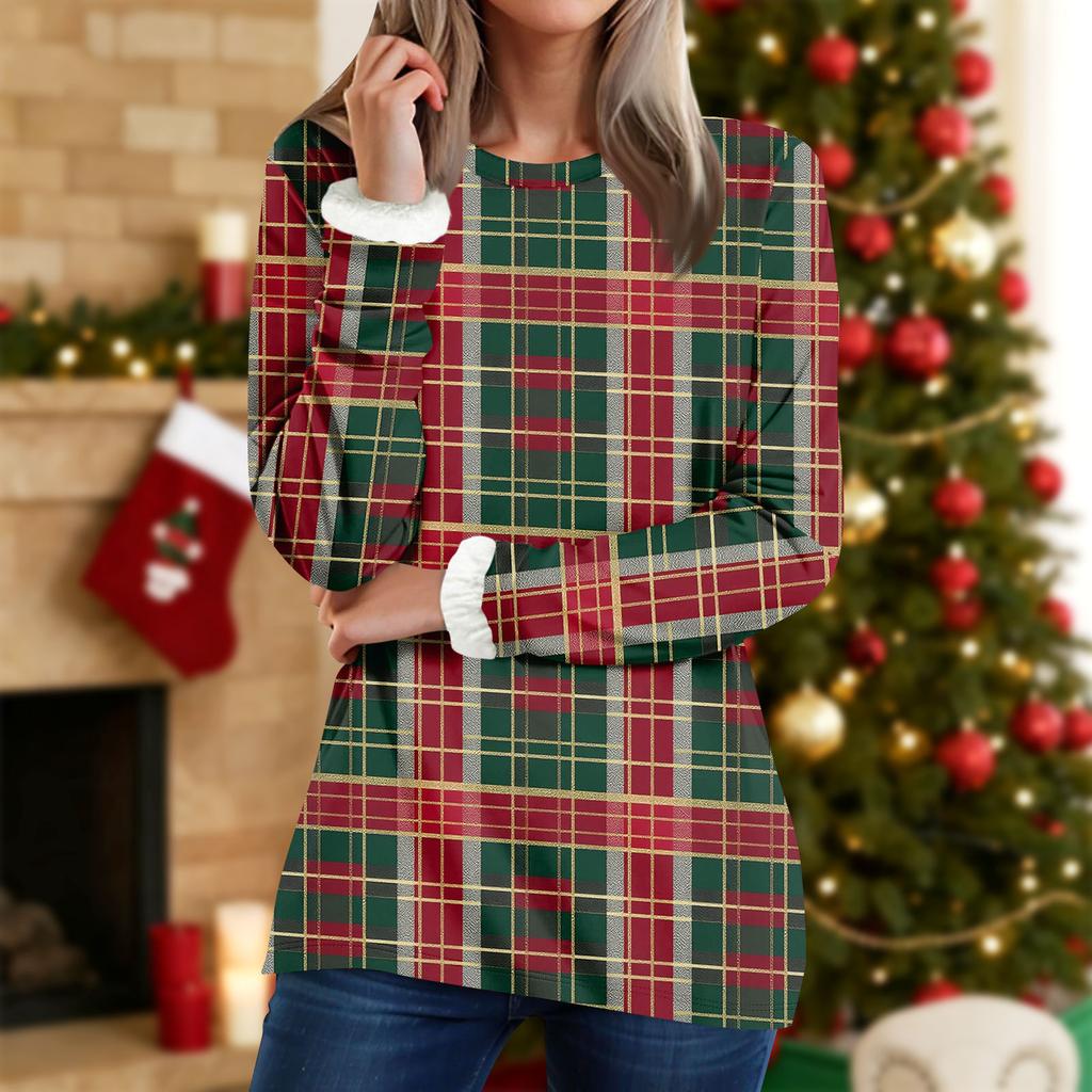 Women's Round Neck Top Printing Thickened Plush Cashmere Warm Long Top