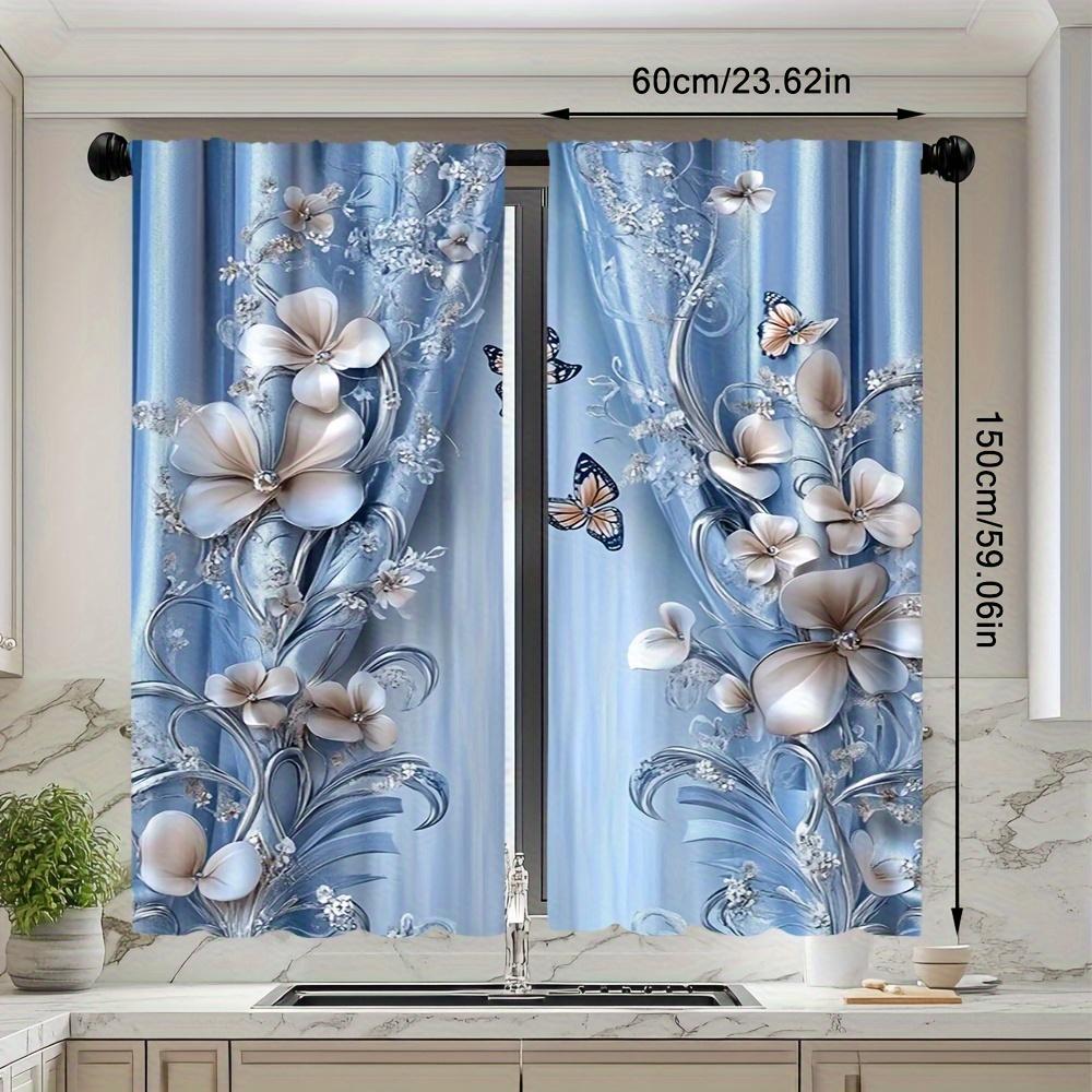 2 Pcs Elegant Vintage Blue Floral & Butterfly Print Curtains – Rod Pocket Design for Bedroom Living Room Office Kitchen