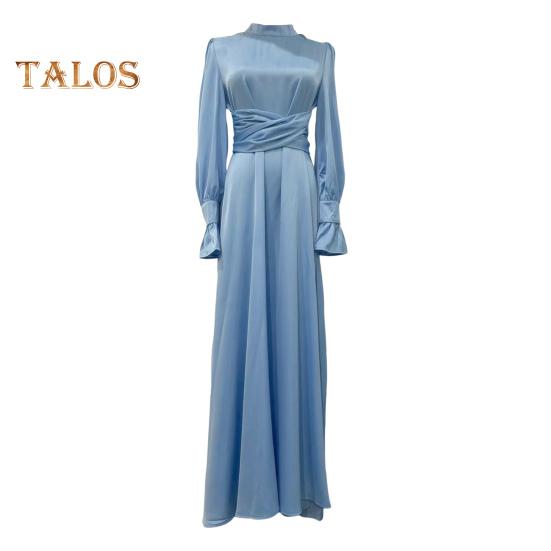 

Платье для леди на осень-весну с рукавами-фонариками, узкая талия, воротник-стойка, однотонное, А-силуэт, плиссированное, для шопинга, поездок на работу, вечеринок, выпускного вечера, макси-платье XL светло-синий