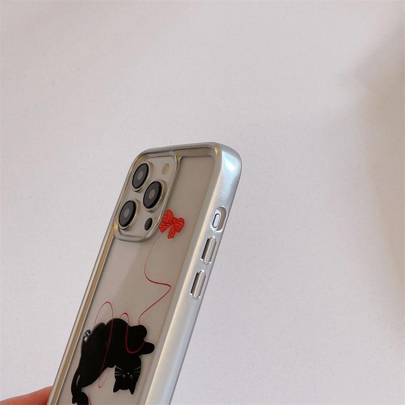 Custodia di lusso in TPU trasparente elettroplaccato con motivo a gattino e cucciolo per iPhone 15 Pro Max 14 13 12 Pro, con protezione anticaduta integrale e fiocco
