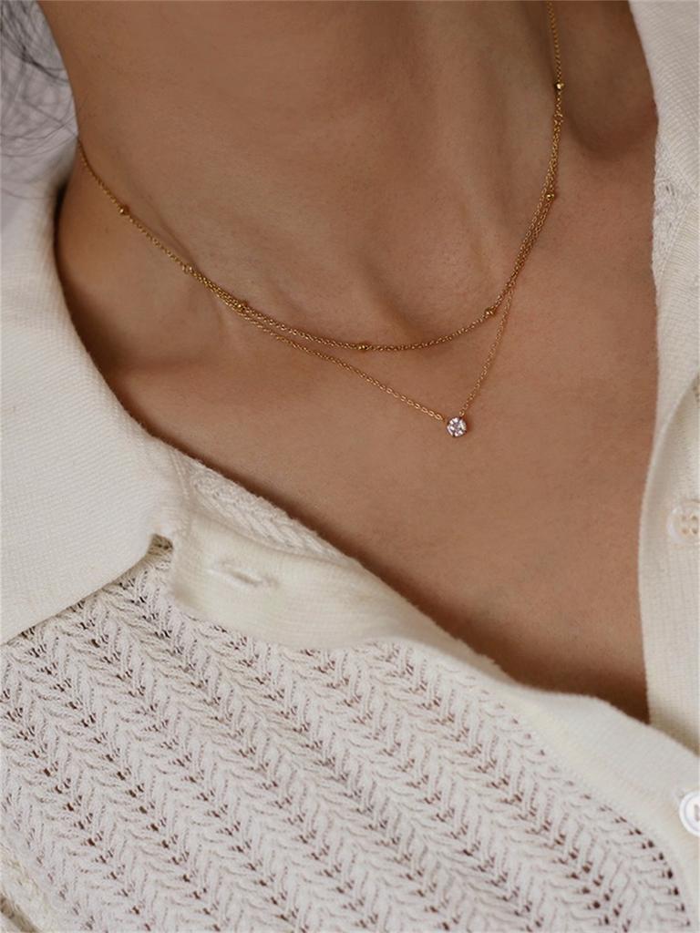 1 Pc Stainless Steel Plated 18K Exquisite Gold Bead Single Diamond Small Double-Layer Necklace