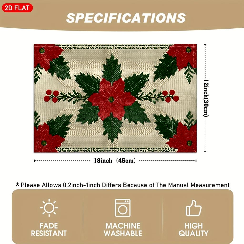 4/6pcs, 2D Flat Christmas Poinsettia Placemats, Red Poinsettia Flowers, Dark Green Leaves, And Red Berry Linen Placemats, Suitable for Kitchen Table D