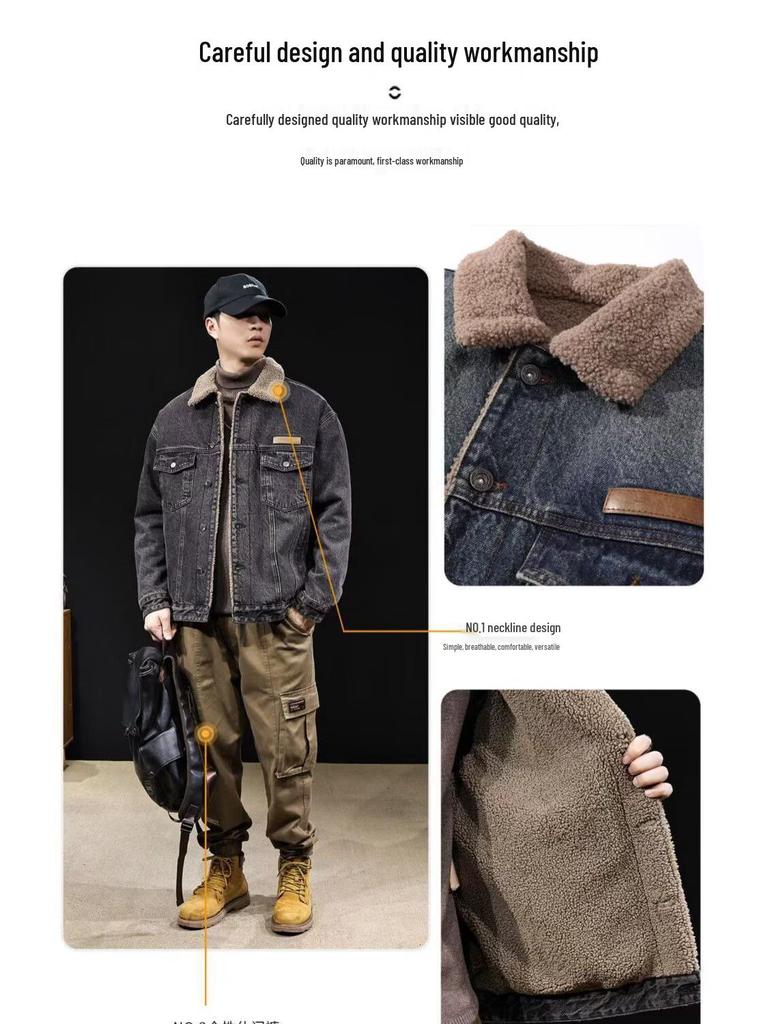 Men's Casual Cool Loose Denim Jacket with Lapel - American Retro Trendy Brand Workwear Coat
