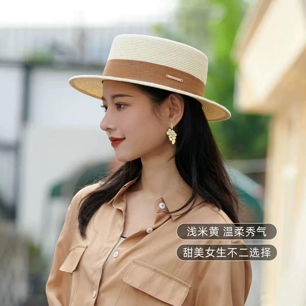 European French Celebrity Small Along Flat Top Straw Top Hat Women's Summer Travel Shade Sun Protection British Versatile Small Basin Hat