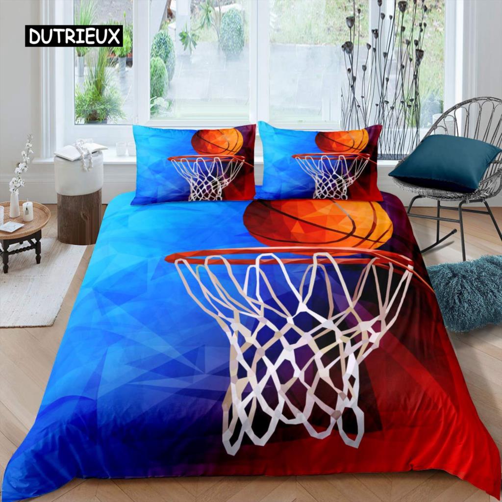 Zestaw Poszwy na Kołdrę Koszykówka Czarny Motyw Sportów Z Piłką Zestaw Pościeli Mikrofibra Boisko do Koszykówki Gry Zawodowe Królewski Pokrowiec na Kołdrę