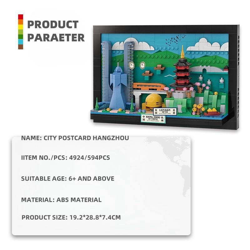 Non-Toxic 594Pcs China Hangzhou City Postcard Building Blocks Hanging Brick Toy Ornament Small Particle Assembly Toys For Children 49240