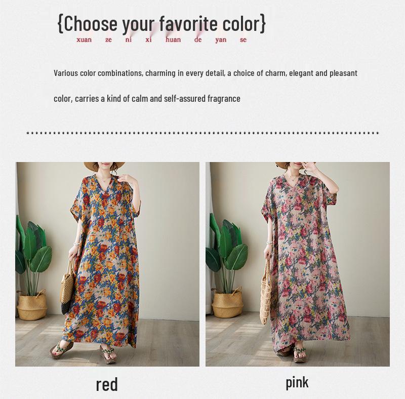 2024 Summer V-Neck Cotton & Linen Loose Retro Beach Dress for Women - Plus Size, Slimming, Long Robe Style