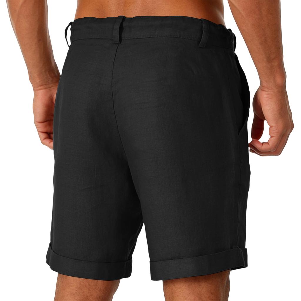 Mens Linen Cotton Casual Classic Shorts Elastic Waist Summer Beach Lightweight Board Slim Fit with Pockets