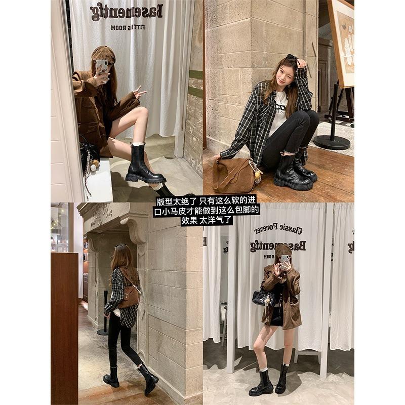 Washed cowhide~ Women's group boots pleated platform Chelsea boots elastic Martin boots women's short boots