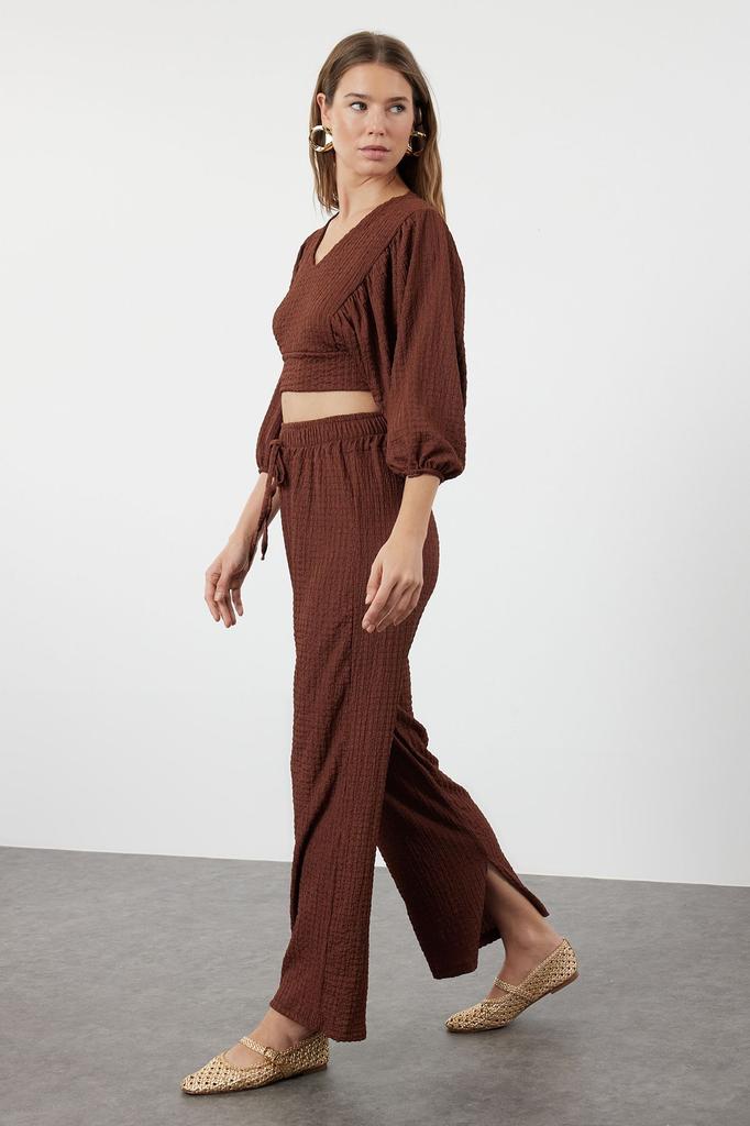 Women's Style Bottom-Top Set Clothes Dark Brown Textured Fabric Relaxed Comfortable Cut Flexible Knitted Bottom-Top Set
