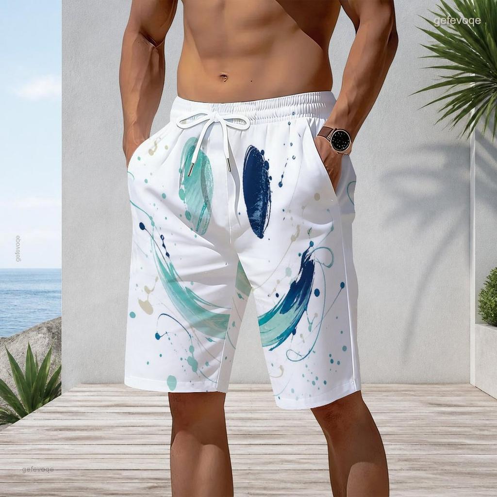 Men Plus Size Abstract Boho Plant Geometric Print Beach Shorts Quick Dry Lightweight Drawstring Casual Swim Trunks For Summer Beach Surfing Holiday