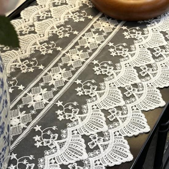 White Lace Table Runner, Embroidery Cotton Lace Fabric Table Cover, Vintage Floral Lace Table Runner for Tea Party Decor, Wedding Bridal Shower Baby