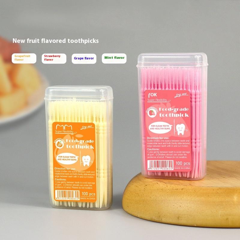 100Pcs/Box Fruit Flavor Toothpicks Double-Headed Disposable Interdental Brush Dental Tooth Flossing Head Oral Hygiene Clean