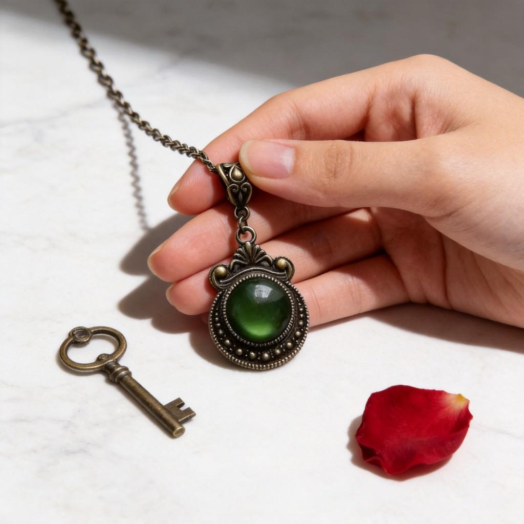 Geometric Gothic Bronze Green Stone Pendant Necklace With Cross Chain For Women