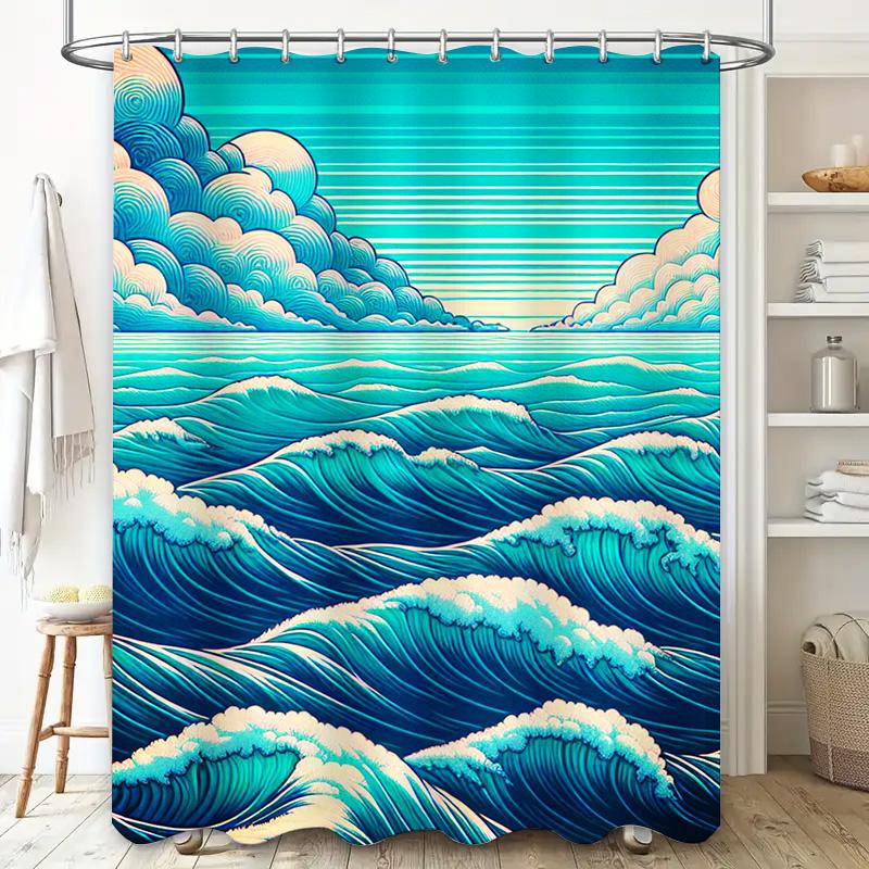Ocean Blue Waves Shower Curtain with Clouds Waterproof Fabric for Bathroom Decor Artistic Modern Design 72x84 Inches