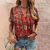 2025 Vintage Flower Pattern 3d Print Ethnic T-shirt Women Fashion V-Neck Short Sleeve Oversized Casual Tops Tees Ladies Clothing