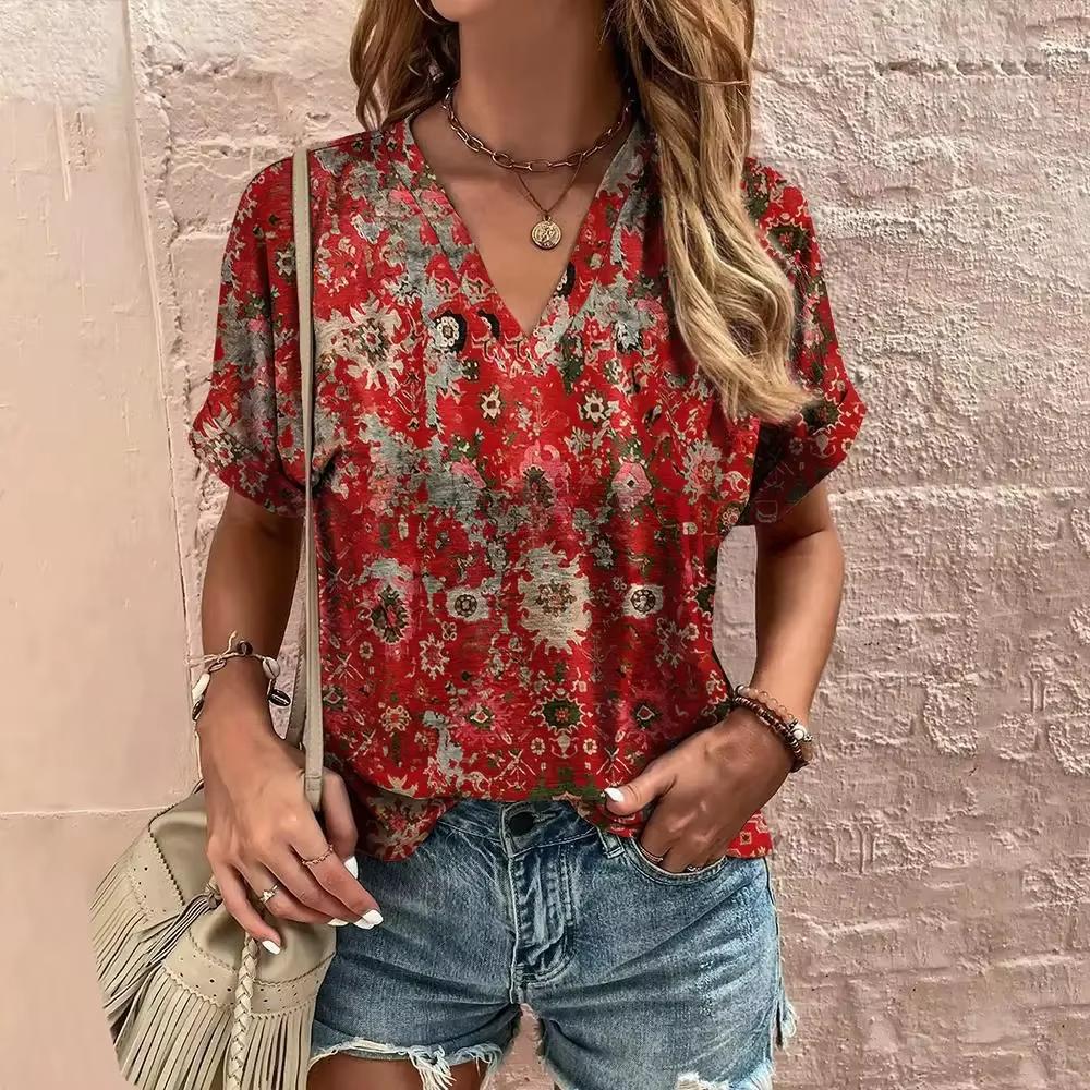 2025 Vintage Flower Pattern 3d Print Ethnic T-shirt Women Fashion V-Neck Short Sleeve Oversized Casual Tops Tees Ladies Clothing