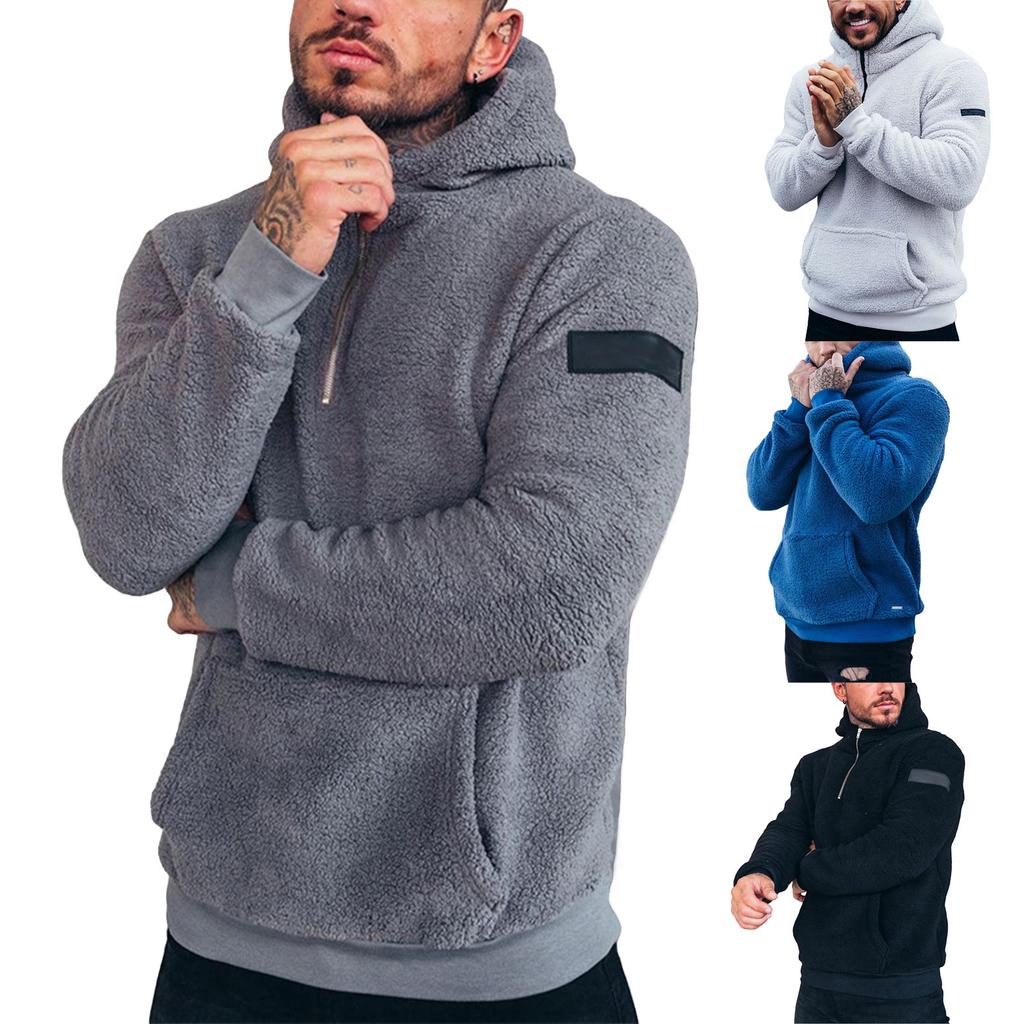 Men's Solid Color Plush Half-Zip Sweatshirt Hoodie Men's Sports Large Size Casual Sweatshirt