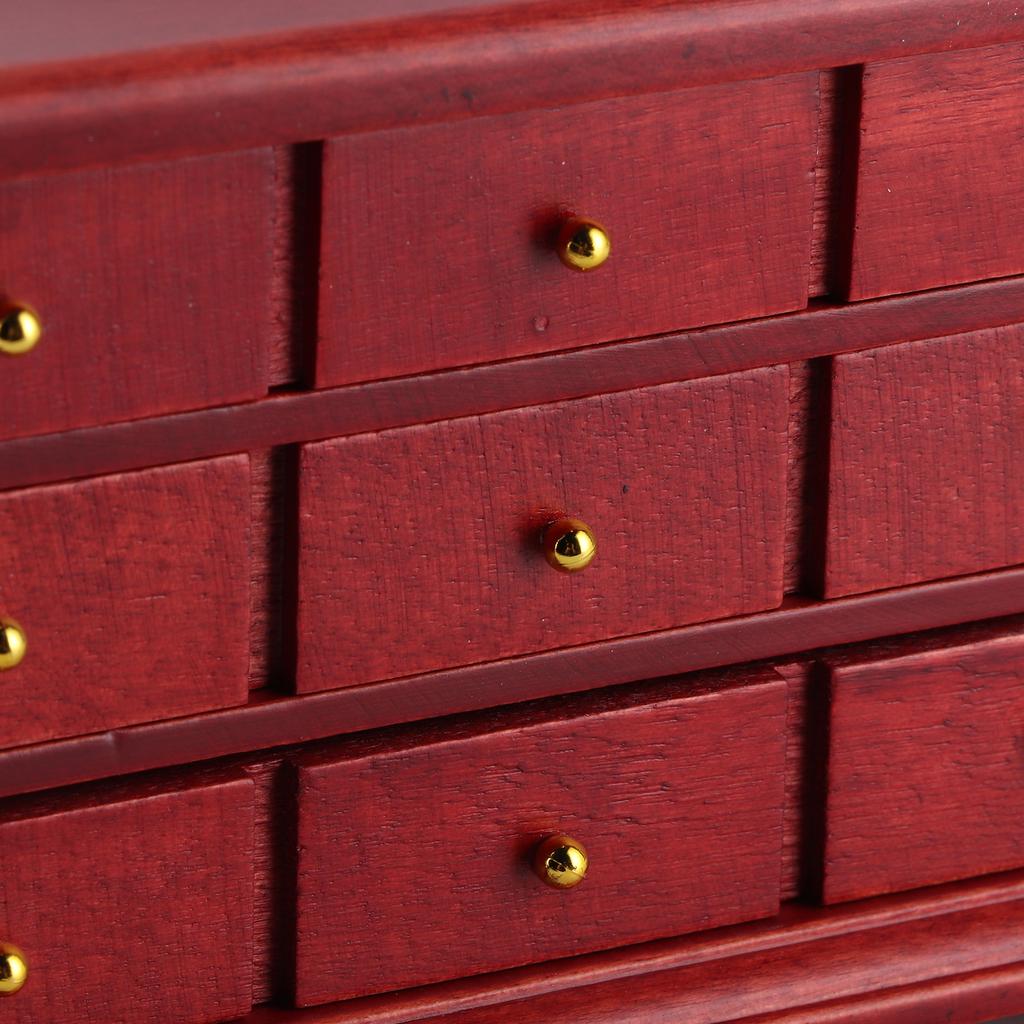 1/12 Mini Cabinet Wooden Model Furniture Bedroom Drawers Cabinet Toy for DollhouseRed
