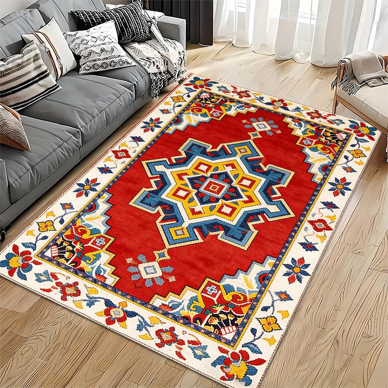 Geometric Pattern Red Carpet with Floral Border for Home Decor Suitable for Use As an Anti-slip for Living Room Bedroom Sofas