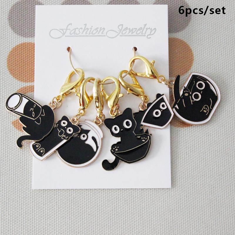 6 Pcs/Set Zinc Based Alloy & Iron Based Alloy Knitting Stitch Markers Black Cat Animal Crochet Latch For Diy Craft Tool