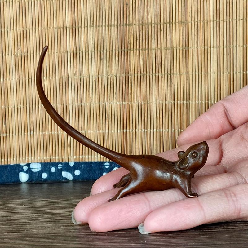 Miniatura de Rato de Cauda Longa Estilo Chinês Pet de Chá Vintage Ornamento de Rato de Cobre Puro Acessórios de Decoração para Casa