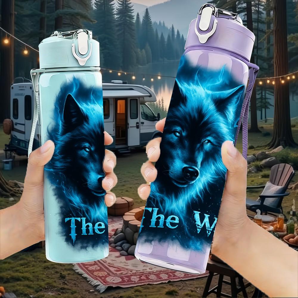 1PC Blue Wolf Night Glow Animal Print 750ml Color Plastic Sports Water Bottle Leakproof Flip Straw Lid Suitable for Sports Office Home Use