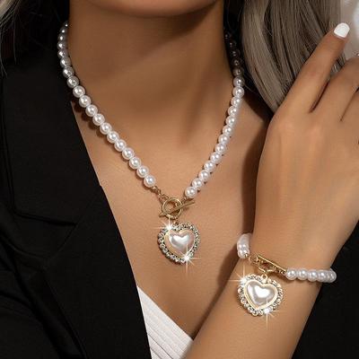 Elegant Heart-Shaped Pearl Necklace & Bracelet Set for Women