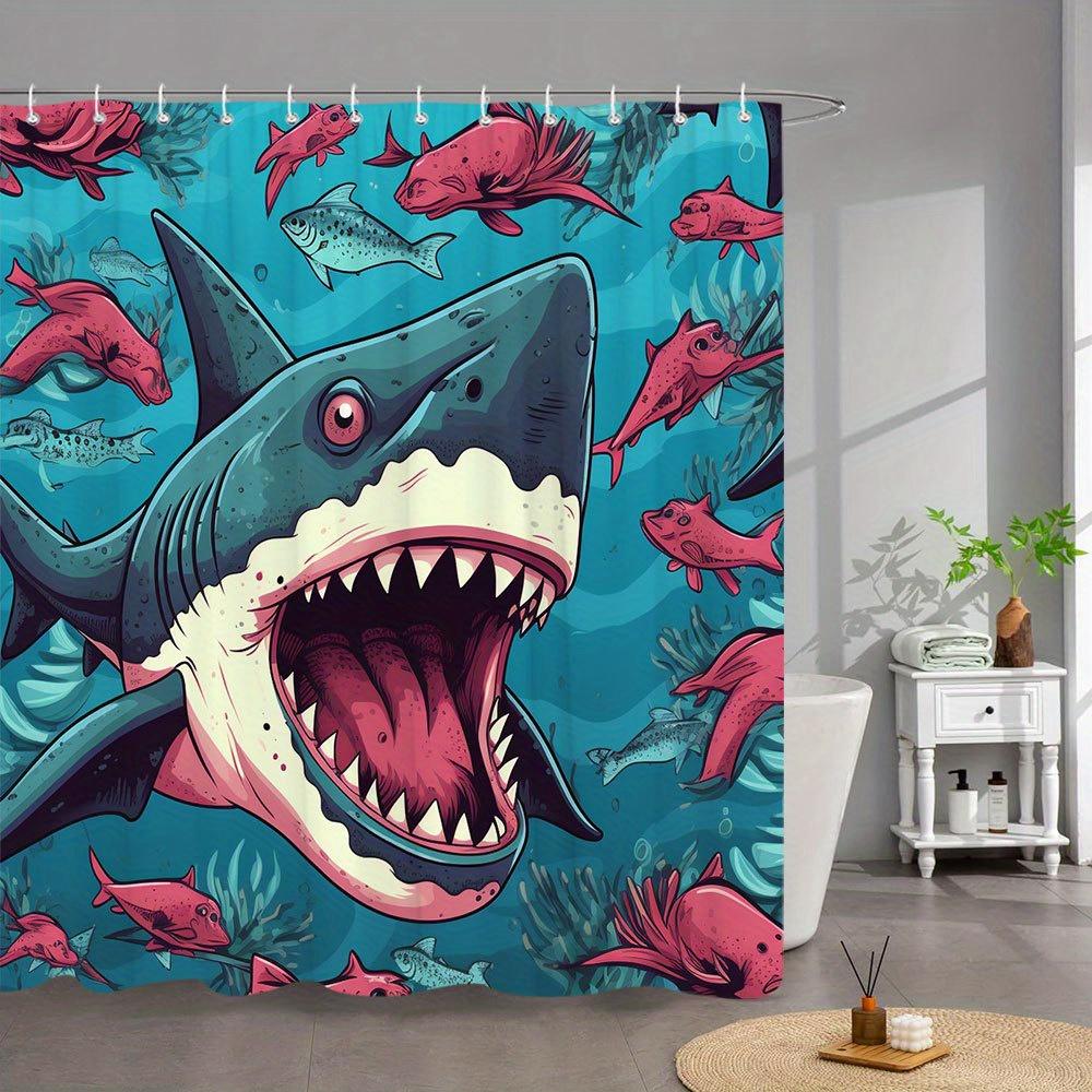 

1Pc Shark Bath Curtain Playful Cartoon Style With Big Tooth Predator Pink Eyes Small Red Fish Coral Reefs Underwater Ocean Scene W60H190(CM)-1 Pcs