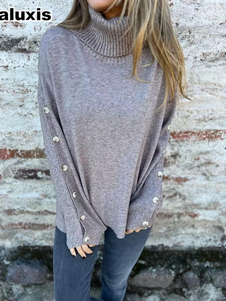 Autumn Winter New Women's Sweater Casual High Neck Button Knit Pullover for Women