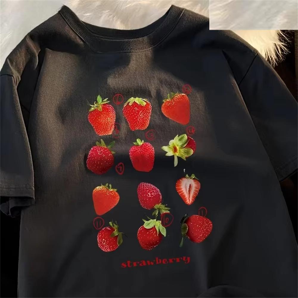 12 Types Strawberry Printing Women Tshirts Pattern Tee Clothes Summer T Shirts Harajuku Loose T-Shirt Soft Daily Wear