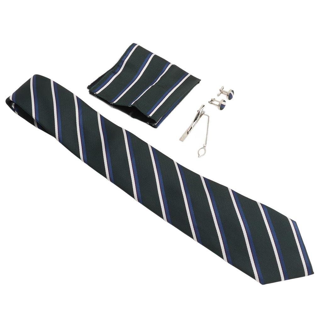Men Gift Tie Set Silky Necktie Tie Clip Soft Lightweight Pocket Square Cufflink Set 8cm Width for Business Green
