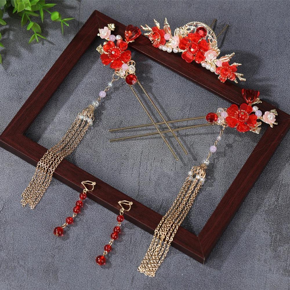 Zinc Zinc Alloy Bridal Headwear Tassel Earrings Hairpin Set Jewelry Wedding Hair Sticks  Girl