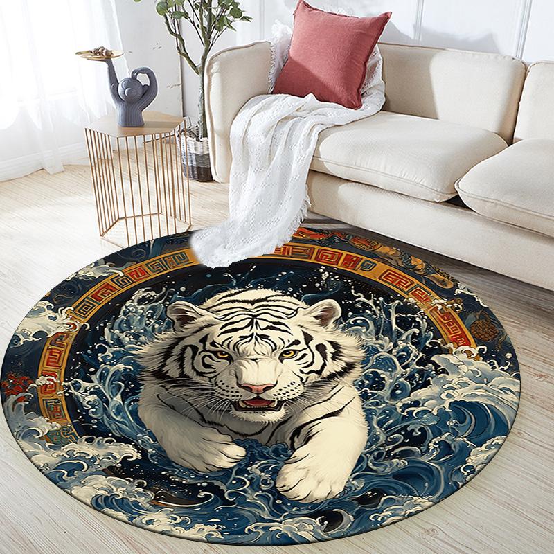 Tiger in Waves Round Area Rug,Carpet Rug for Living Room Bedroom Sofa Playroom Decor,Non-slip Floor Mat