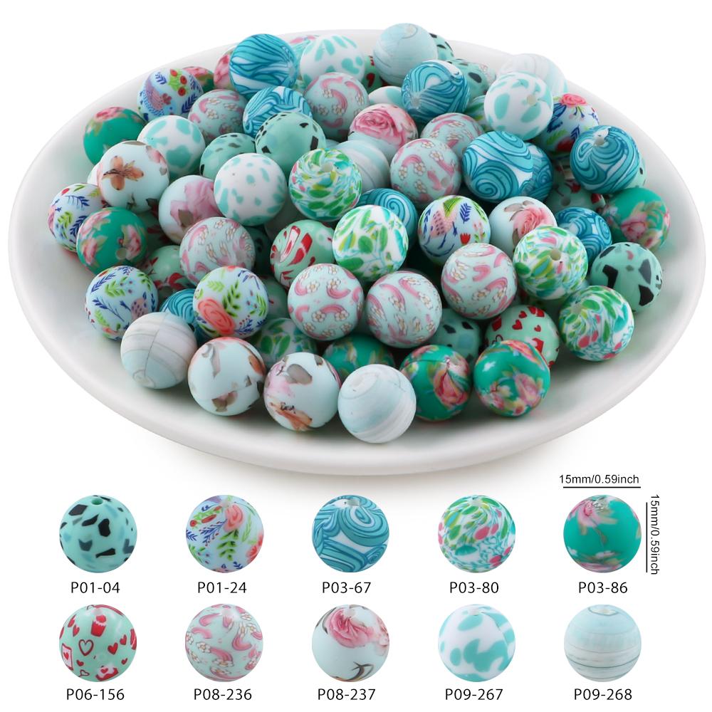 20Pcs/Bag 15MM Printed Silicone Beads Mixed For DIY Jewelry, Bracelets, Keychains, Etc