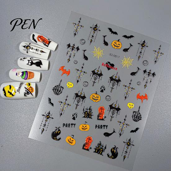 Easy Apply Nail Stickers Halloween Art Stickers, 5D Embossed Skull Pumpkin Ghost Fingertip Decoration Sticker Decals, Waterproof Self Adhesive