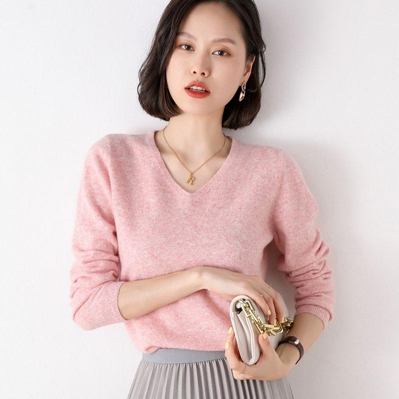 

[off-Season Promotion] 100 Pure Wool V Neck Sweater Women s Fall and Winter Loose High Collar Base Knitting round Neck Sweater Cherry Blossom V Neck L(Jo -100)