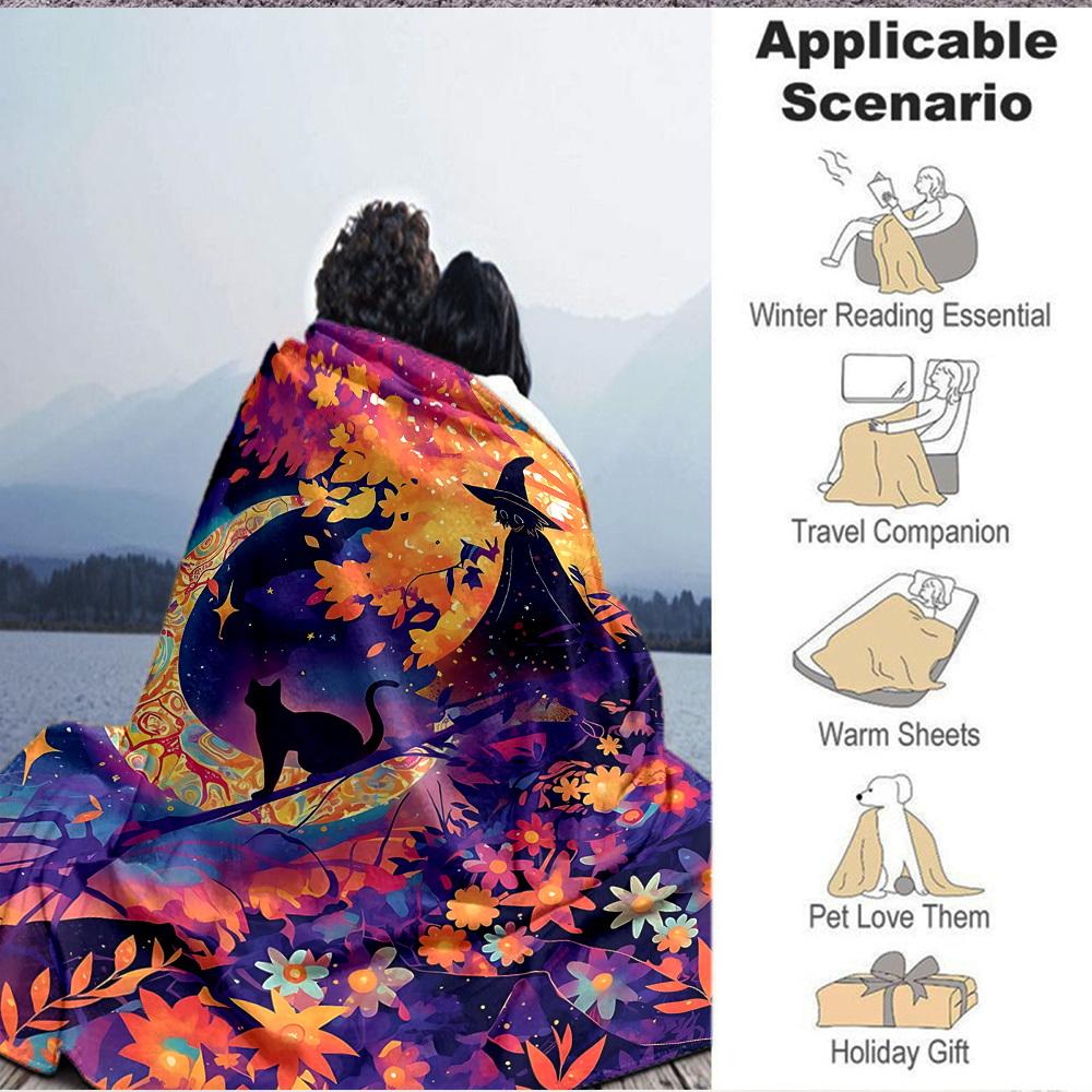 1pc Moon Witch Cat Blanket, Lightweight Flannel Throw Blanket for Sofa, Bed, Travel, Camping, Living Room, Office, Couch, Chair, and Bed
